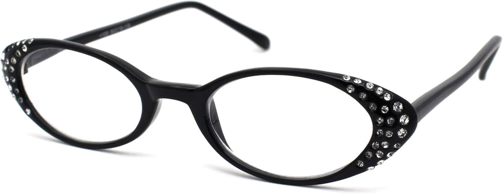 Womens Rhinestone Studded Oval Cat Eye Reading Glasses with Hard Case