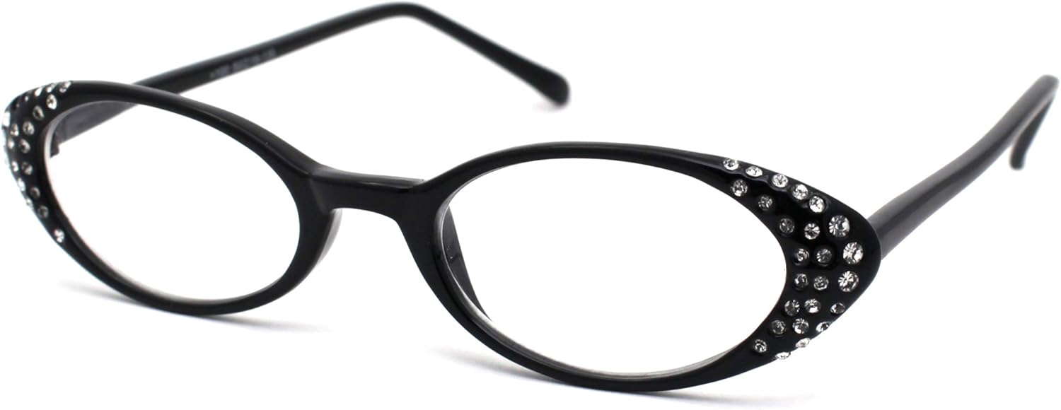 Womens Rhinestone Studded Oval Cat Eye Reading Glasses with Hard Case