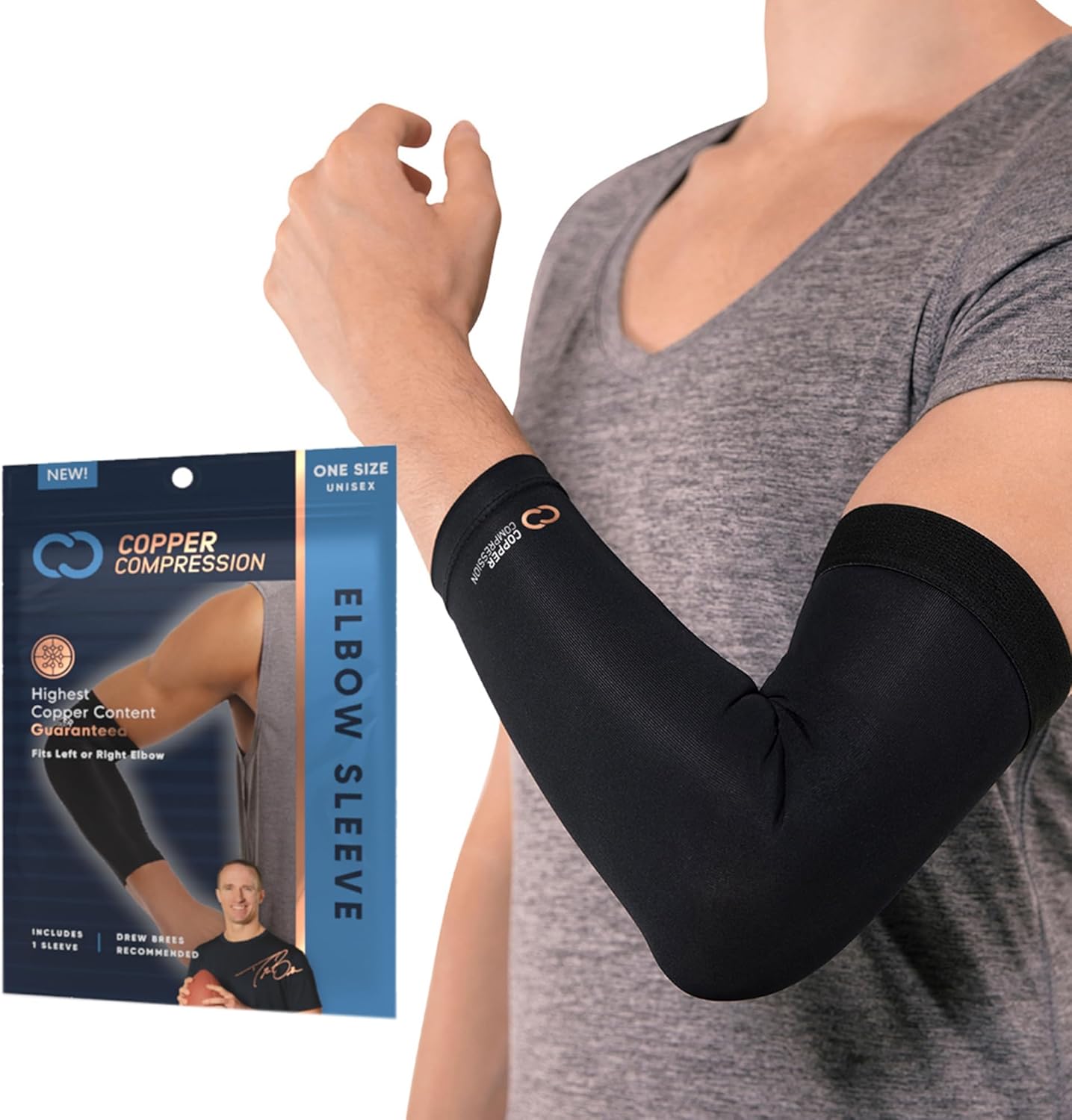 Copper Compression Elbow Sleeve - Copper Infused Orthopedic Brace for Tennis & Golfer Elbow, Tendonitis, Arthritis, Bursitis, Sore Joints & Muscles - Fits Men & Women -1 Sleeve - Original/Black - L