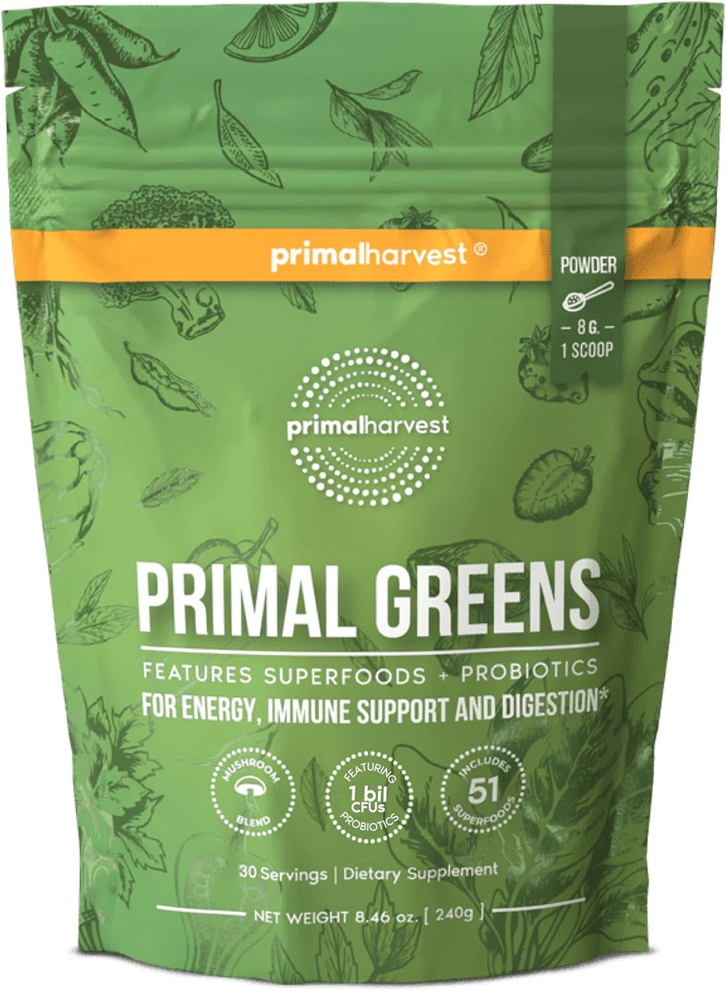 Primal Harvest Super Greens Powder, 30 Servings w/+50 Greens Superfood Chlorella, Probiotics, Green Tea, Wheatgrass, Kale, Turmeric for Energy,Primal Greens