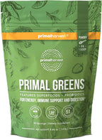 Primal Harvest Super Greens Powder, 30 Servings w/+50 Greens Superfood Chlorella, Probiotics, Green Tea, Wheatgrass, Kale, Turmeric for Energy,Primal Greens