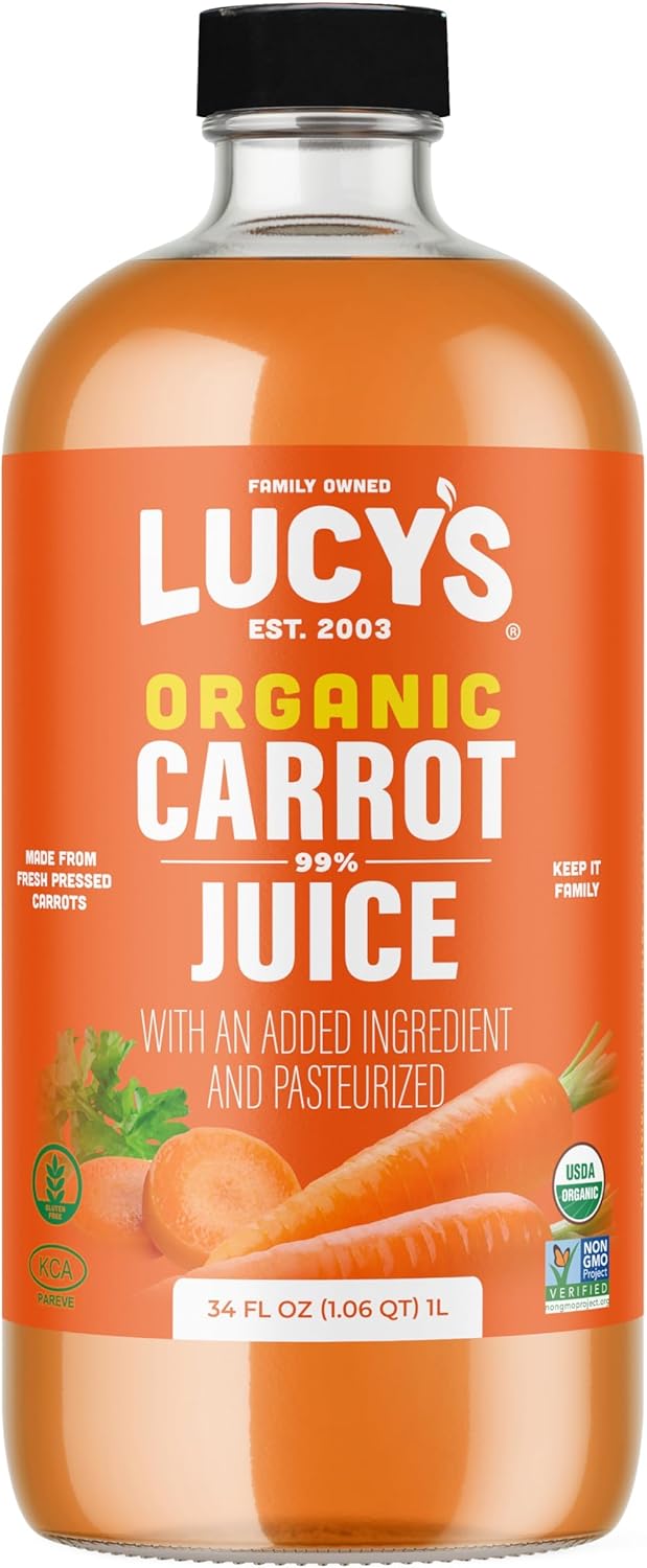 Lucy’s Family Owned - AMERICAN CARROTS Organic 99% Pure Carrot Juice, 34 oz. Glass Bottle (Fresh Pressed and Pasteurized)