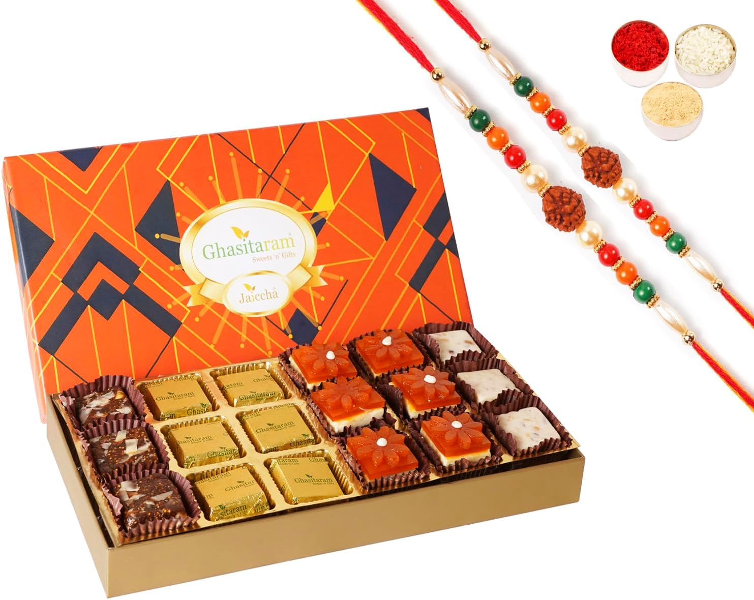 Ghasitaram Gifts Jaiccha Rakhi for Brother Mewa Bites in Designer Box 18 pcs with 2 Rudraksh rakhis