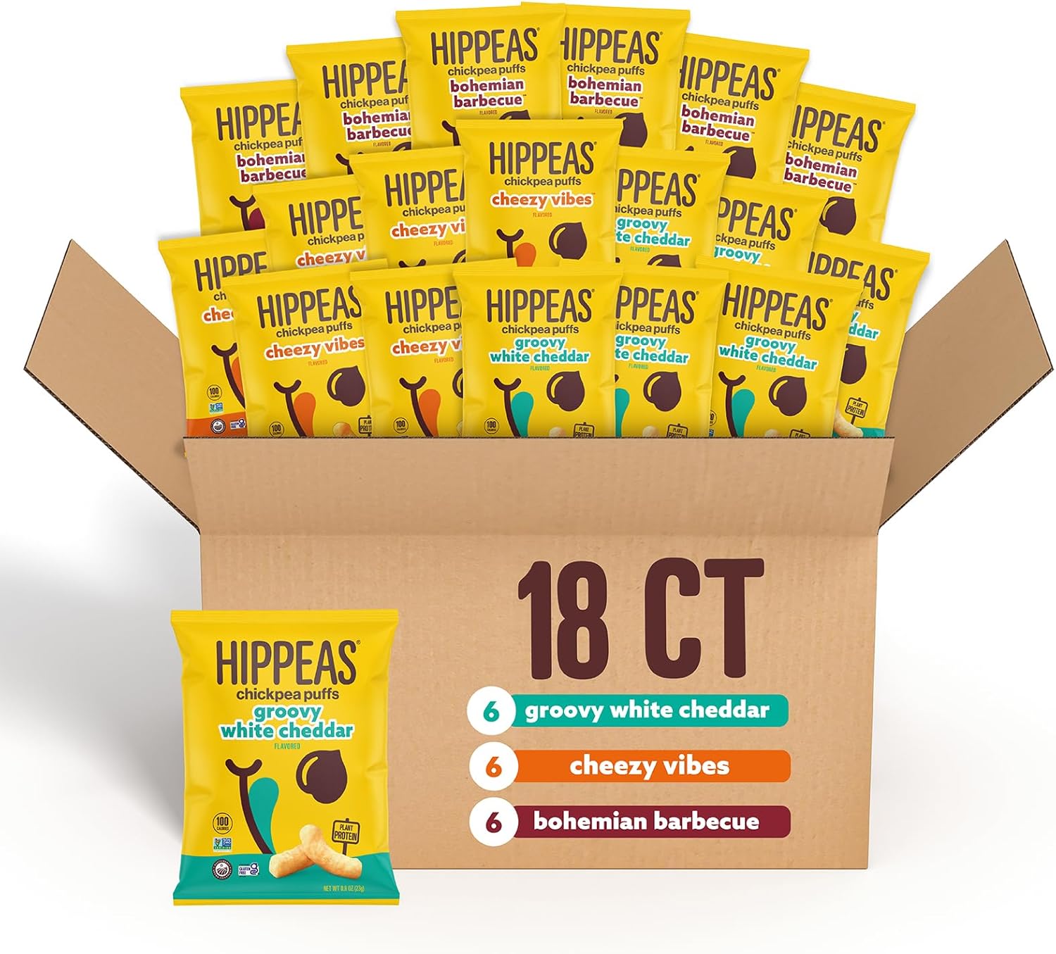 Hippeas Chickpea Puffs, Variety Pack: Vegan White Cheddar, Nacho Vibes, Barbecue, Sriracha, 0.8 Ounce (Pack of 18), 3g Protein, 2g Fiber, Vegan, Gluten-Free, Crunchy, Plant Protein Snacks