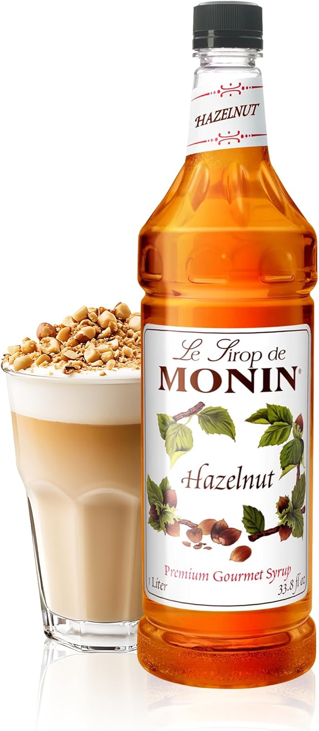 Monin - Hazelnut Syrup, Nutty Taste of Caramelized Hazelnut, Natural Flavors, Great for Mochas, Lattes, Smoothies, Shakes, and Cocktails, Non-GMO, Gluten-Free (1 Liter)