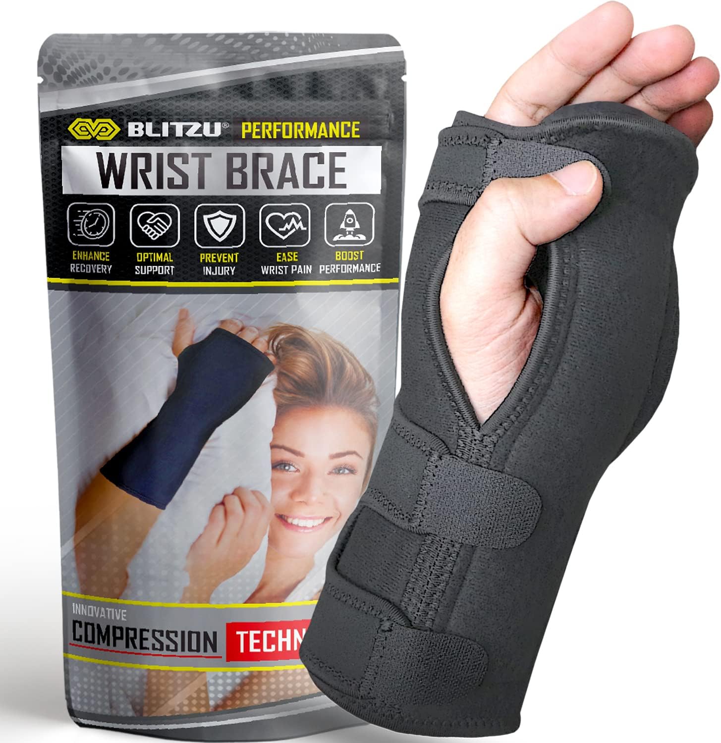 Carpal Tunnel Wrist Brace Night Support with Splint Stabilizer & Palm Cushion, Adjustable and Fits Both Hands, Helps Relieve Tendinitis Arthritis Pain when Sleep, Reduces Recovery Time for Men Women