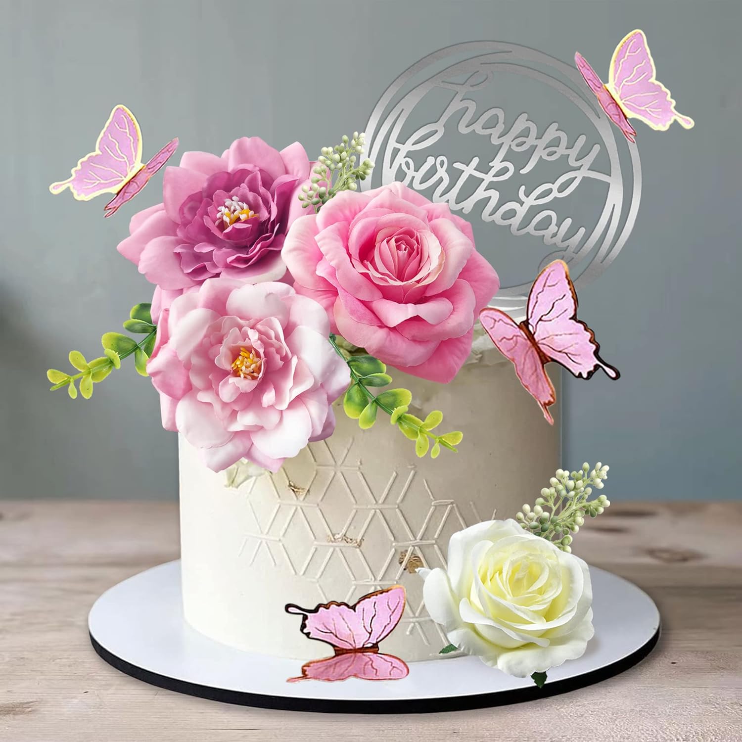 19 PCS Flower Cake Toppers Butterfly Cake Decorations with Artificial Pink Rose Flowers Eucalyptus Butterflies for Girls Birthday Party Wedding Baby Shower Supplies (HOT PINK)