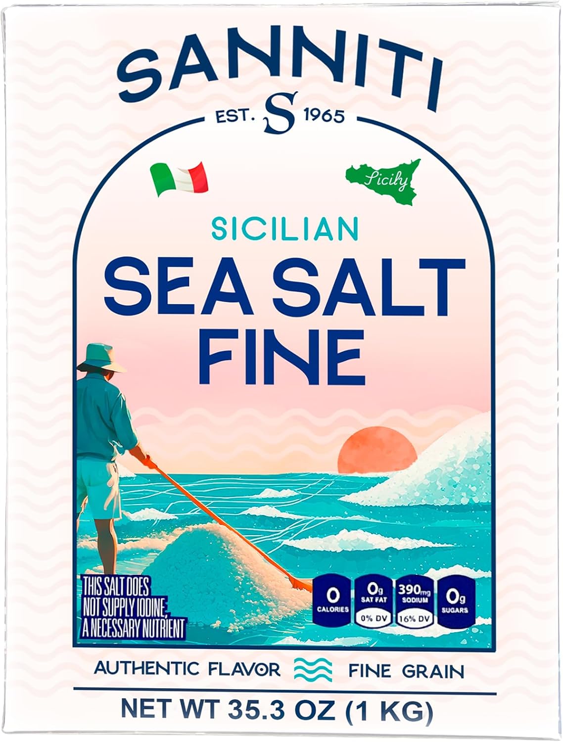 Sanniti Sicilian Sea Salt, 2.2 Lbs (1kg) | Product of Italy | Authentic Flavor (Pack of 1, Fine Salt)