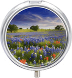 Texas Bluebonnets Scenery Pill Case with 3 Compartments Round Pill Box Cute Travel Pills Container Mini Pills Organizer Pocket Mini Medicine Storage for Storing Vitamins Supplements