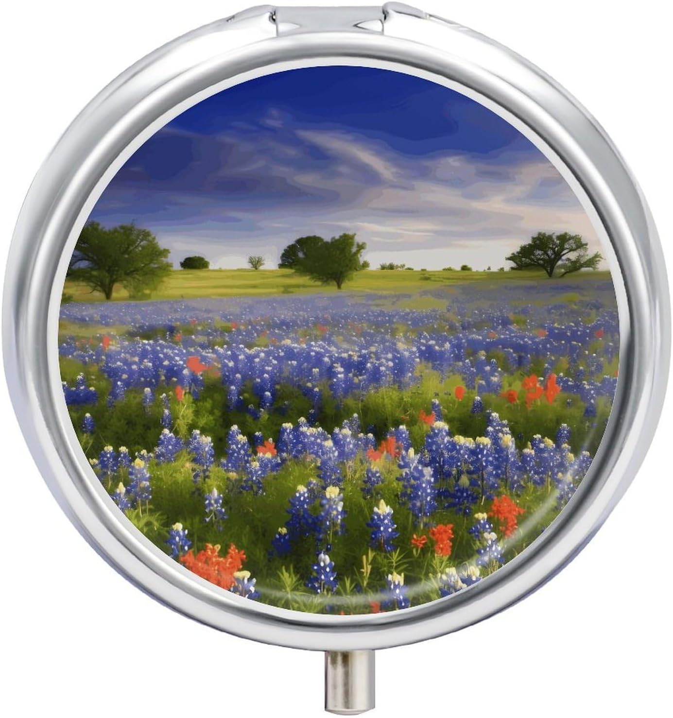 Texas Bluebonnets Scenery Pill Case with 3 Compartments Round Pill Box Cute Travel Pills Container Mini Pills Organizer Pocket Mini Medicine Storage for Storing Vitamins Supplements