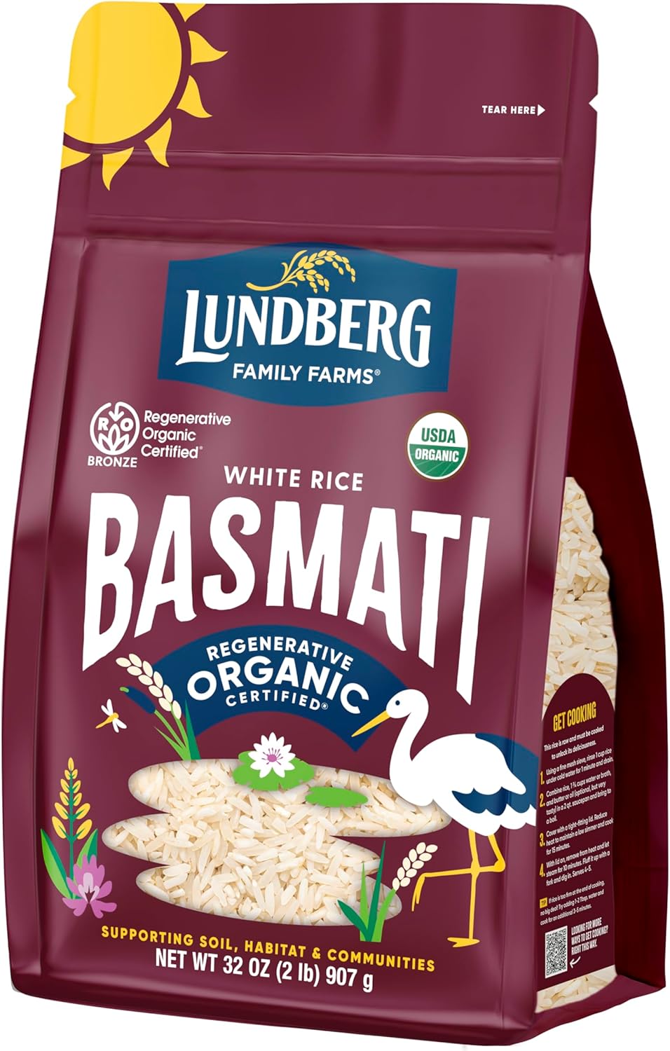Lundberg Basmati Rice, Organic Long Grain White Rice - Non-Sticky, Fluffy Aromatic Rice, Vegan Food, Healthy Meals, Gluten-Free Rice Grown in California, 32 Oz