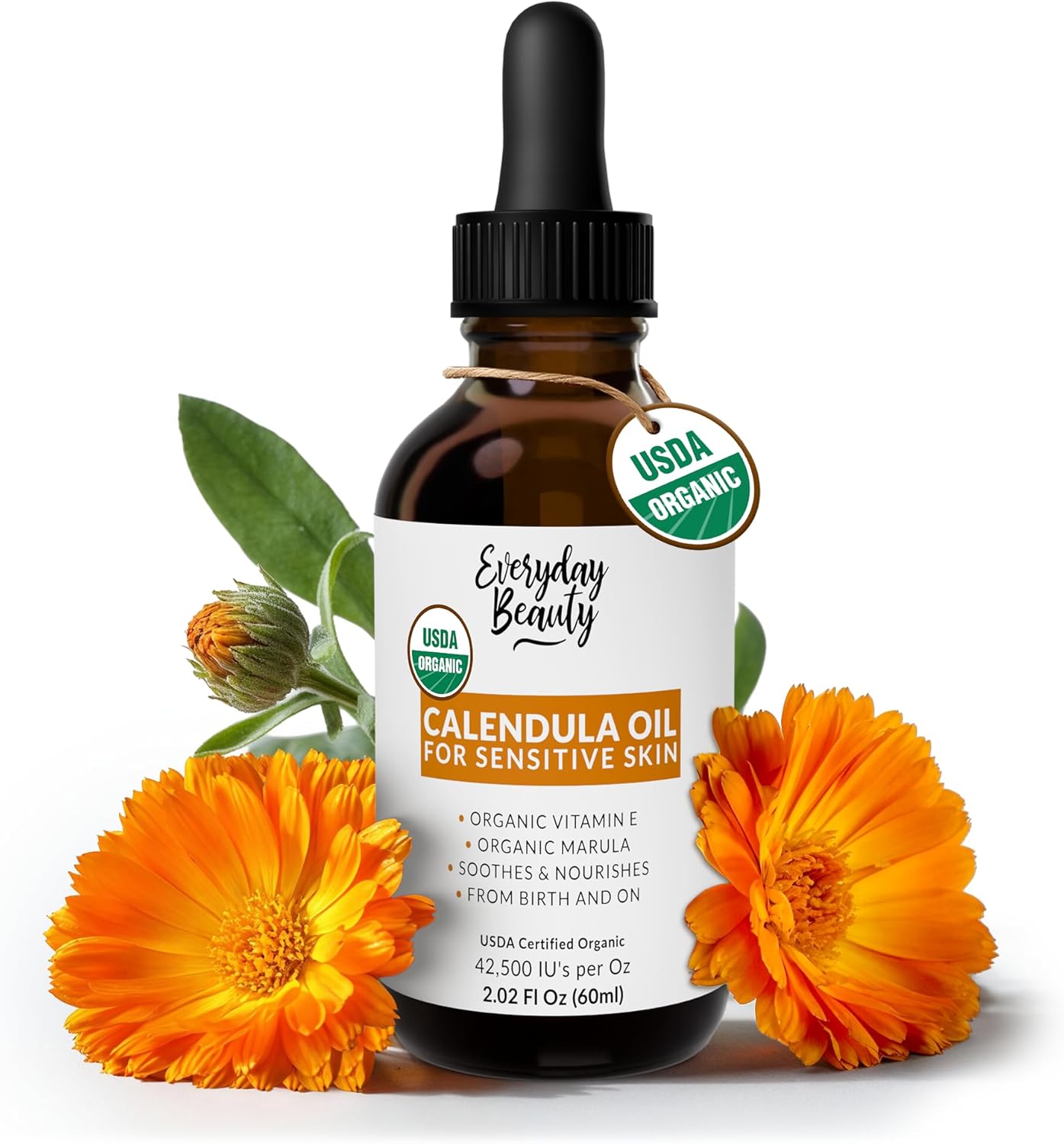 Organic Calendula Oil For Sensitive Skin - USDA Certified 100% Plant Based, Lightweight & Unscented Gentle Soothing Oil For Sensitive Skin - For Face, Skin & All Over - 2.02 Fl Oz Glass & Dropper