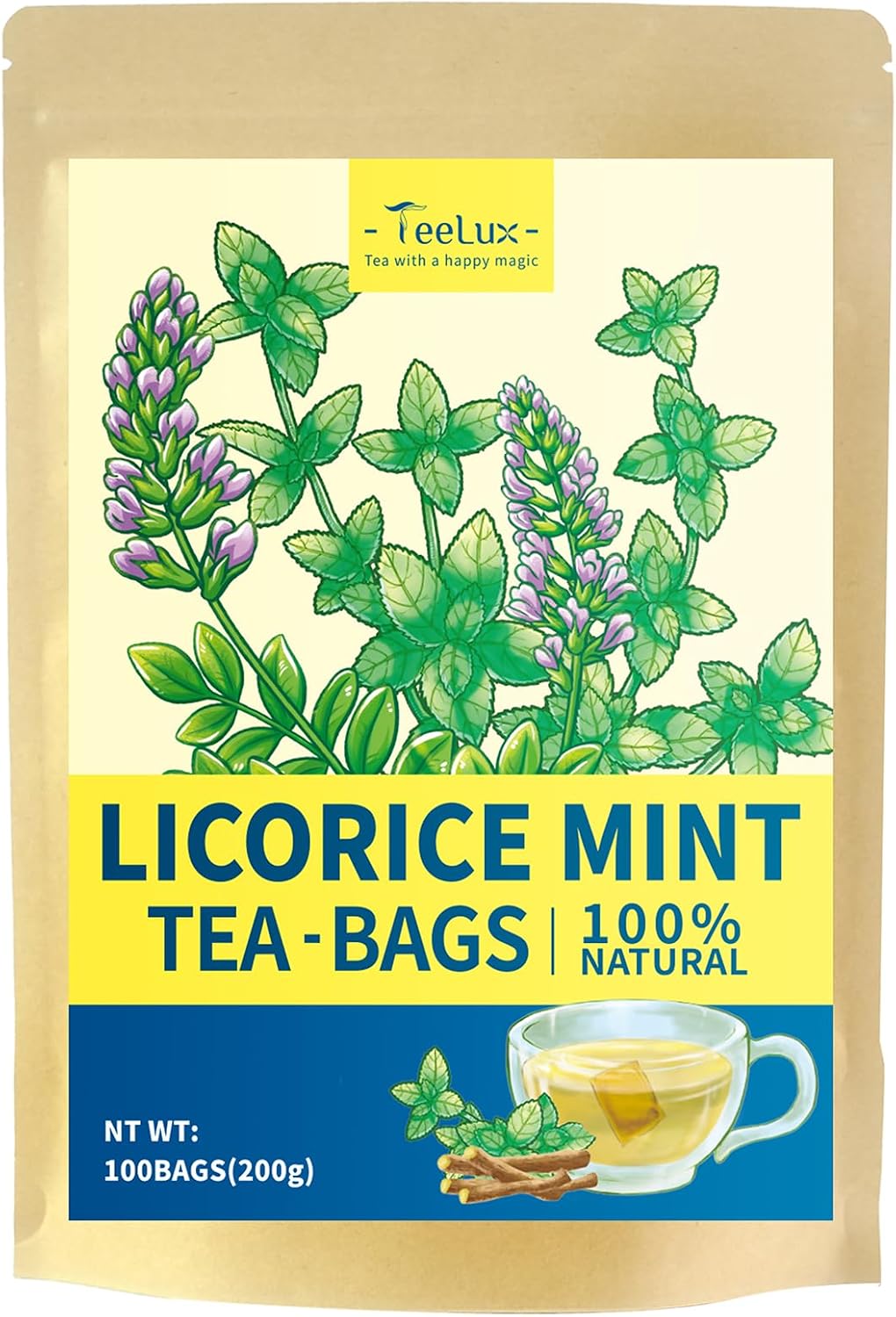 TeeLux Licorice Peppermint Tea, Natural Soothing Peppermint with Sweet Licorice Root, Caffeine Free, 100 Count