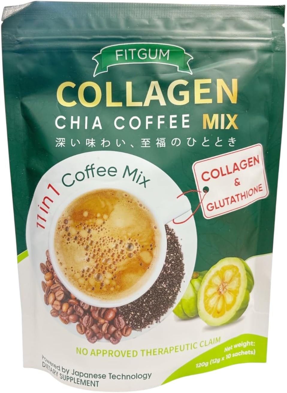 FIT GUM 20X Collagen Chia Coffee - 11 in 1 Coffee Mix (10 Sachets x 12g)