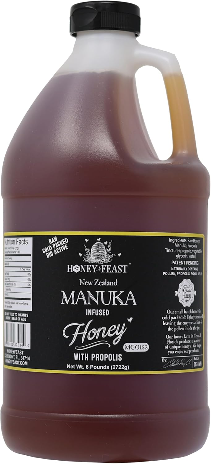 HONEY FEAST 6 Pounds Propolis Infused Raw Manuka Honey | New Zealand Manuka Blend with Propolis | MGO182 | Patent Pending Formula