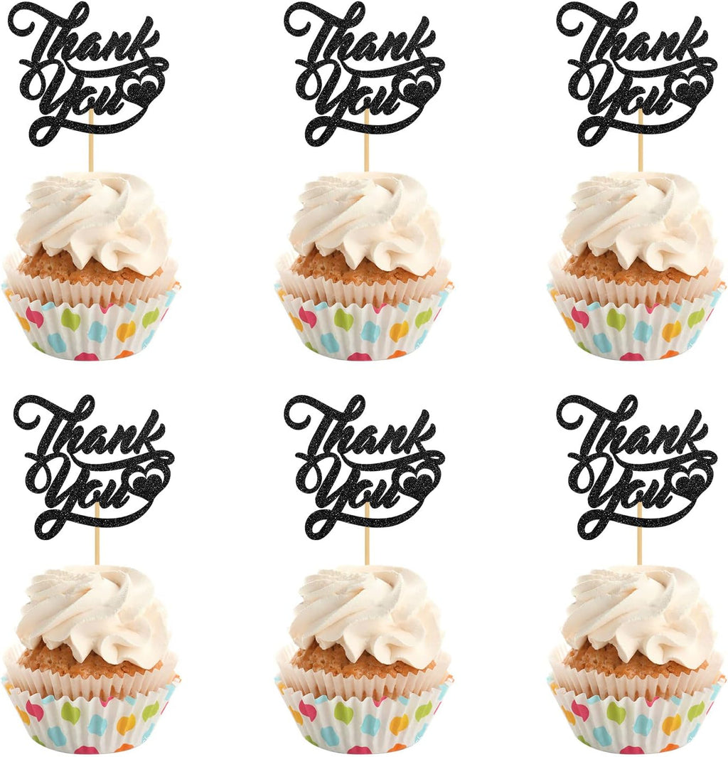INNORU Thank You Cupcake Toppers, Wedding Bridal Shower Cake Toppers, Engagement, Baby Shower, Thanksgiving Day Party Decorations Supplies, Pack of 24 Black Glitter