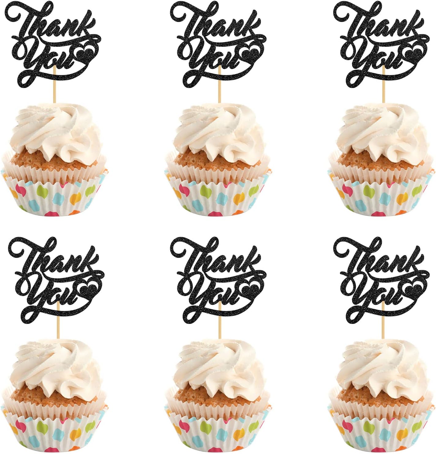 INNORU Thank You Cupcake Toppers, Wedding Bridal Shower Cake Toppers, Engagement, Baby Shower, Thanksgiving Day Party Decorations Supplies, Pack of 24 Black Glitter