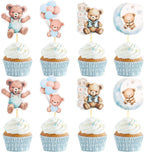 24 PCS Blue Bear Cake Toppers We Can Bearly Wait Cupcake Toppers for Teddy Bear Themed Birthday Party Gender Reveal Cake Decorations Party Supplies Pastries Desserts Decor