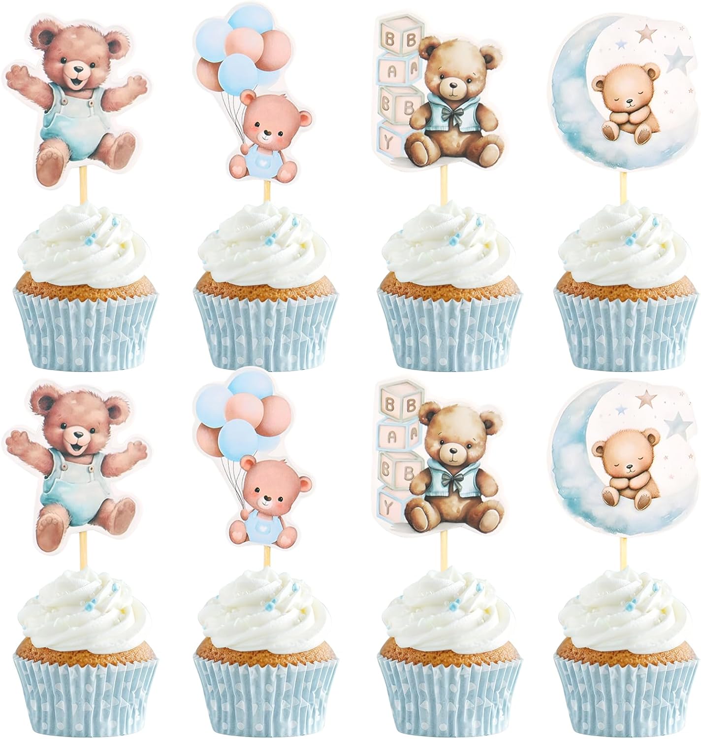 24 PCS Blue Bear Cake Toppers We Can Bearly Wait Cupcake Toppers for Teddy Bear Themed Birthday Party Gender Reveal Cake Decorations Party Supplies Pastries Desserts Decor