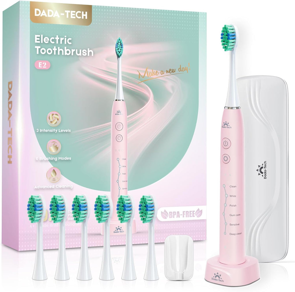 Pink Electric Toothbrush for Adults Rechargeable Sonic Toothbrush Ultrasonic Toothbrush with Travel Case, Holder & 7 Brush Heads, 6 Modes & 3 Intensities, 2-Minute Timer (Pink)
