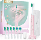 Pink Electric Toothbrush for Adults Rechargeable Sonic Toothbrush Ultrasonic Toothbrush with Travel Case, Holder & 7 Brush Heads, 6 Modes & 3 Intensities, 2-Minute Timer (Pink)