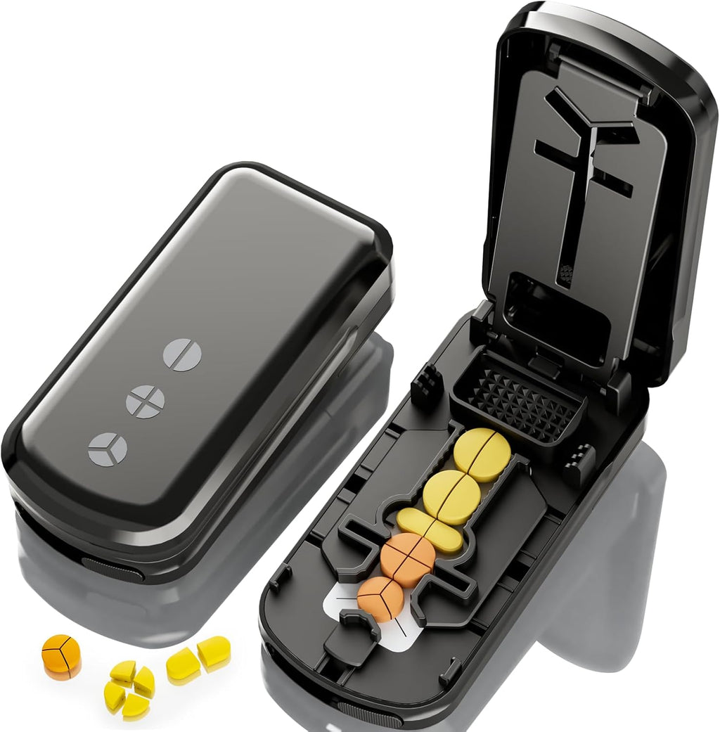 Pill Cutter Splitter for Small and Tiny Pills, 1/2 1/3 1/4 Pill Splitter for Small Pills,Vitamins, Tablets in Half or Quarters, Accurate and Easy Cutting, Stainless Steel Blade, Back Storage (Black)