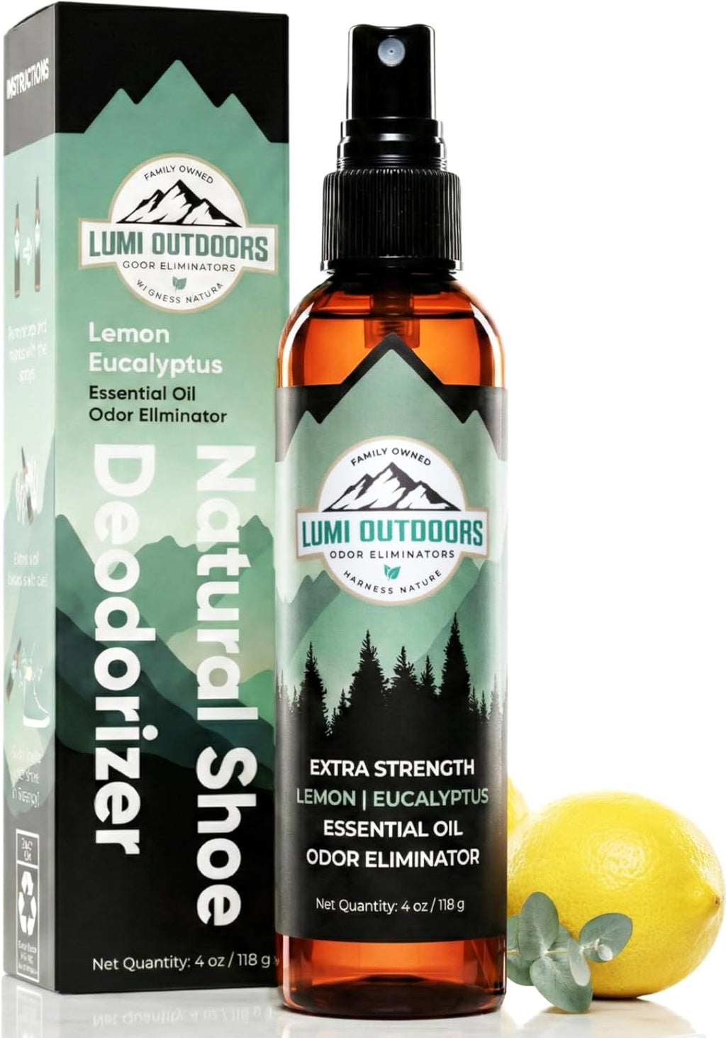 Lumi Outdoors Natural Shoe Deodorizer Spray (700+ Sprays) - Extra Strength Shoe Odor Eliminator for Smelly Shoes & Foot Odor - Replaces Shoe Balls & Inserts - Lemon Eucalyptus