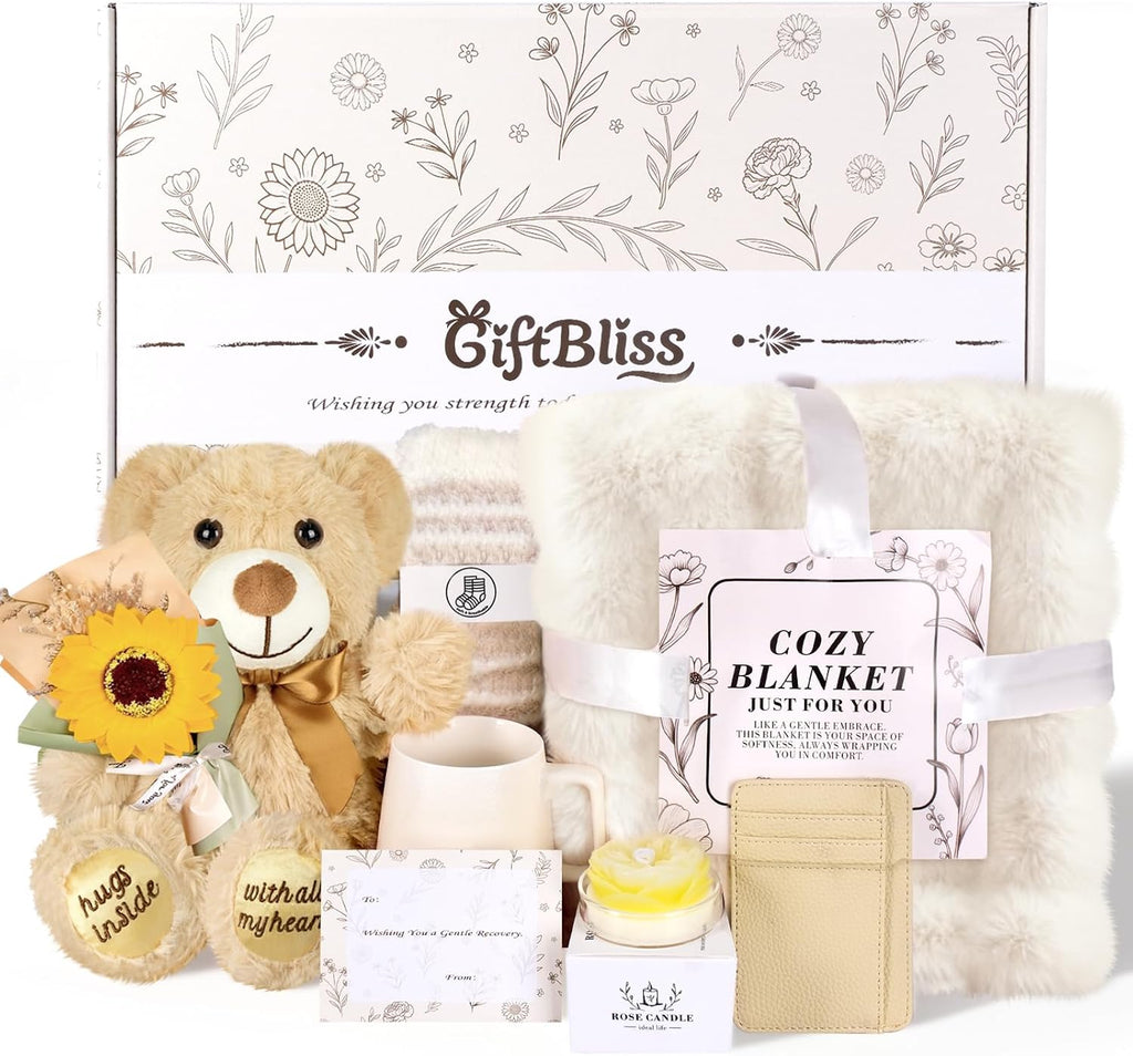 Get Well Soon Gift Basket for Women, Chemo Care Package for Women After Surgery, Thinking of You Sympathy Gift Basket, Spa Gift Set for Her, Hug in a Box with Blanket, Mug, Teddy Bear, Aromatherapy