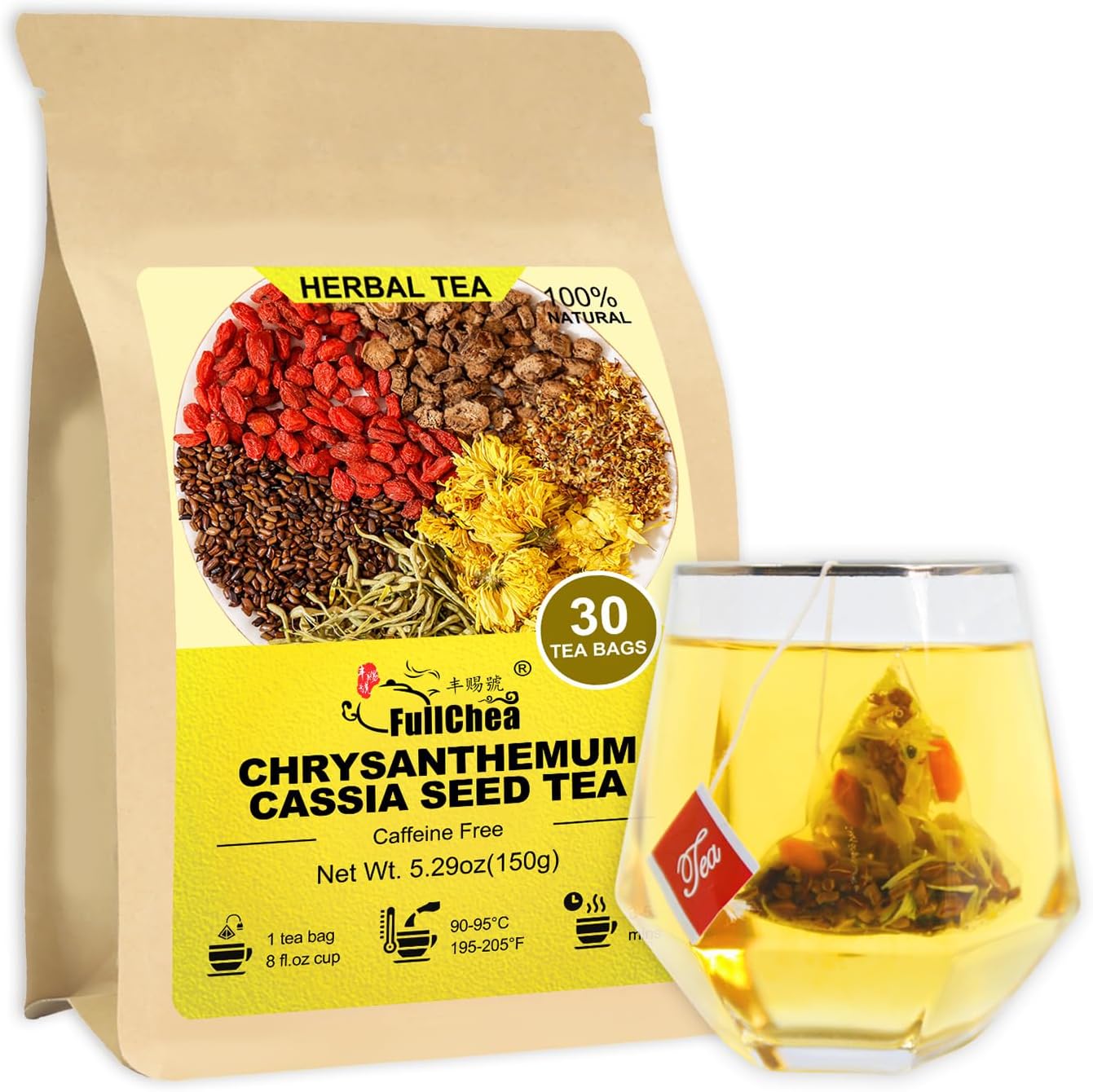 FullChea - Chrysanthemum Cassia Seed Tea, 30 Teabags, 5g/bag - Burdock Root, Goji Berries, Osmanthus, Honeysuckle Combination Herbal Tea
