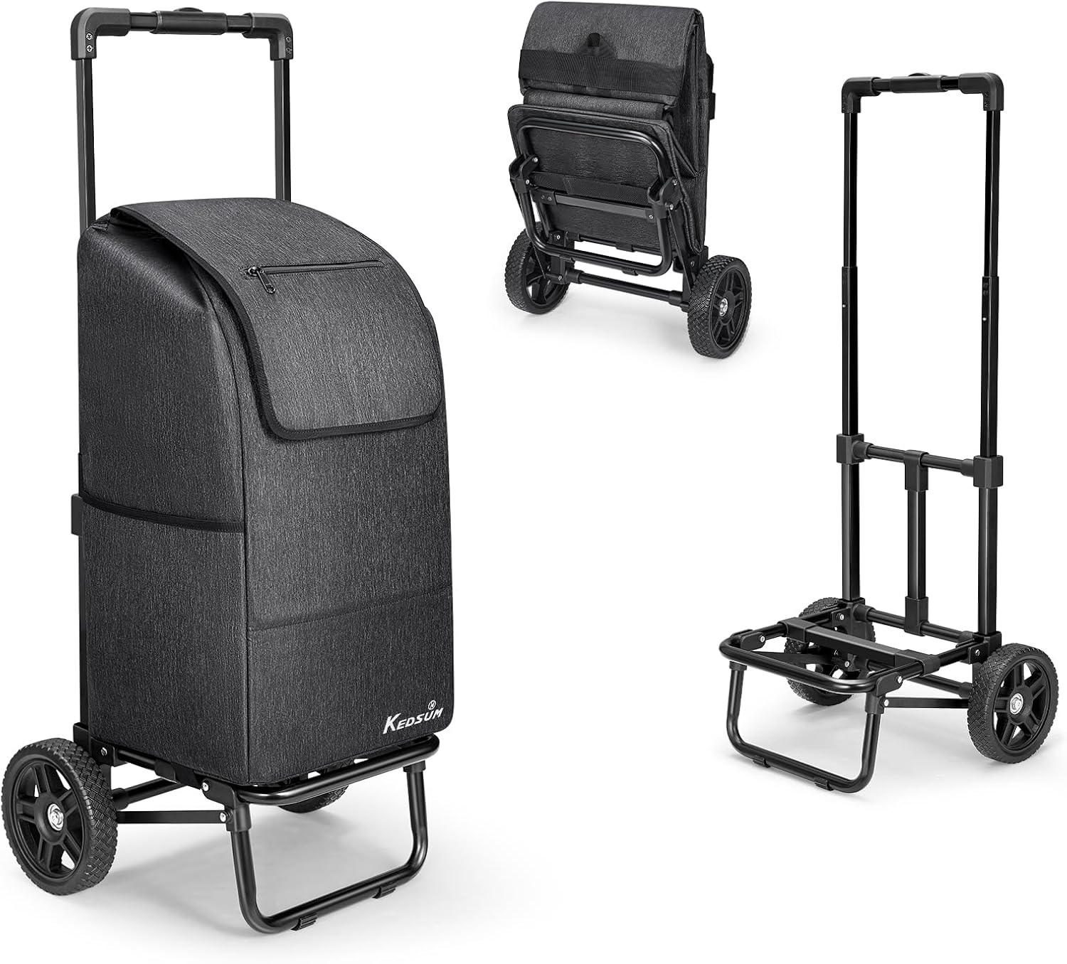 KEDSUM 2 in 1 Shopping Carts for Groceries, 330 lbs Grocery Cart on Wheels, Foldable Utility Carts with Wheels, Hand Truck with Waterproof Tote Bag for Shopping, School, Laundry, Craft Show, Black