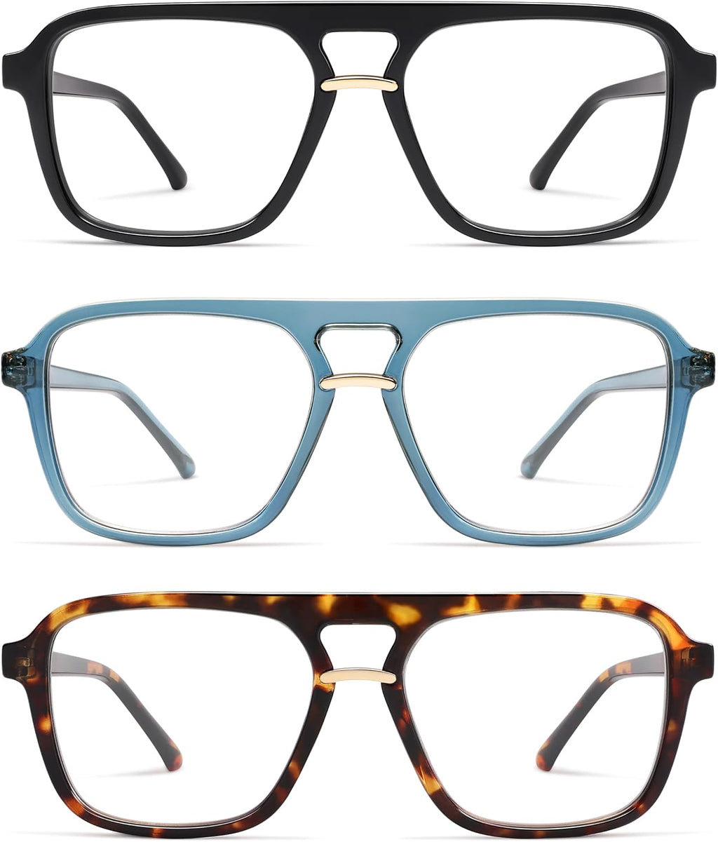 AMOMOMA 3 Pack Trendy Aviator Reading Glasses for Women Men Stylish Square Blue Light Blocking Readers AM6164
