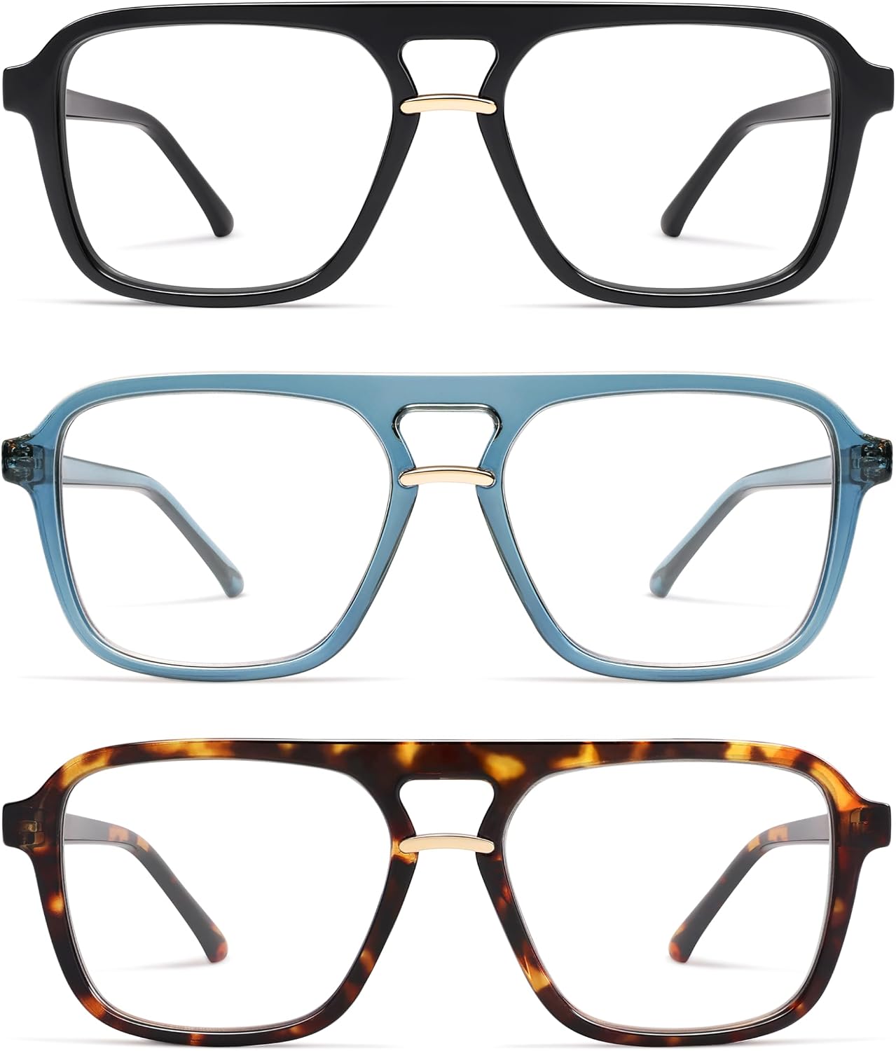 AMOMOMA 3 Pack Trendy Aviator Reading Glasses for Women Men Stylish Square Blue Light Blocking Readers AM6164
