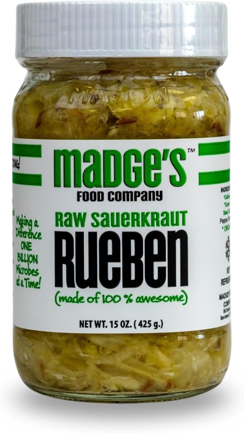 Madge's Rueben Sauerkraut | Raw unpastuerized | Probiotics enriched | Made with Organic ingredients, Pink Salt, gut healthy packed in glass jar 15 oz