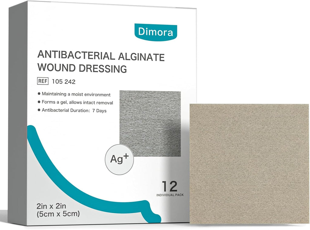 Dimora Upgrade Silver Calcium Alginate Wound Dressing -Antibacterial Non Stick Gauze for Wounds Care, Highly Absorbent Sterile Bandage Pads with Ag, 2'' x 2'' Patches 12 Packs Individual