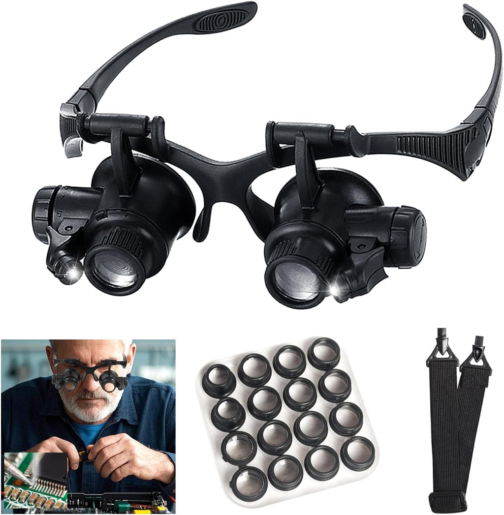 Head Mount Magnifying Glass with LED Light, Jewelers Loupe Magnifier with 8 Interchangeable Lens 2.5X/4X/6X/8X/10X/15X/ 20X/25X for Close Work/Electronics/Eyelash/Crafts/Jewelry/Repair