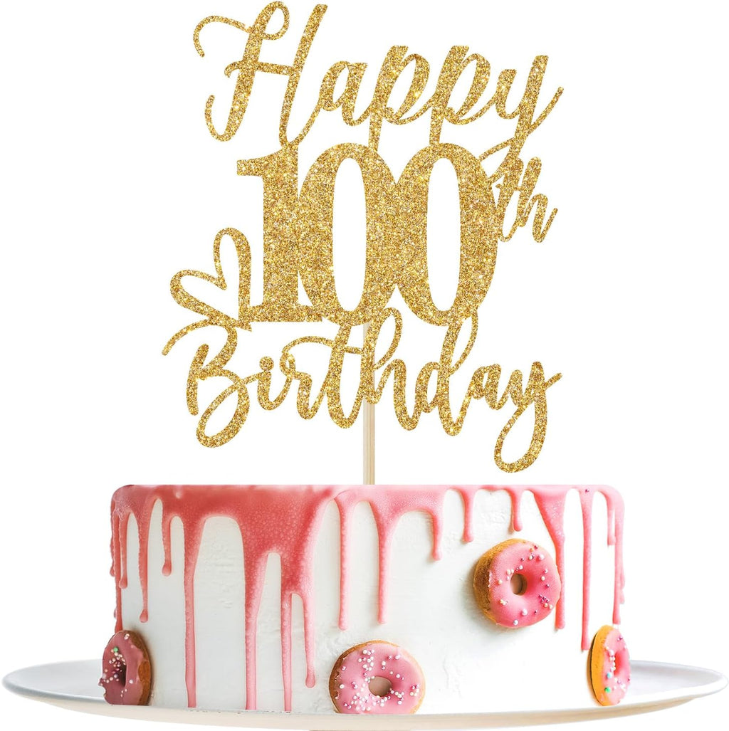 Happy 100th Birthday Cake Topper, 100th Birthday Decorations for Men/Women, Cheers to 100 Years, 100 Fabulous, 100th Birthday Party Supplies Gold Glitter