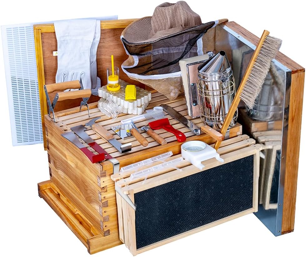 Beehive Starter Kit 8-Frame Bee Boxes and Frames Starter Kit Wax Coated Bee Hives and Supplies Starter Kit Including Beekeeping Tools Kit with Beekeeping Veil
