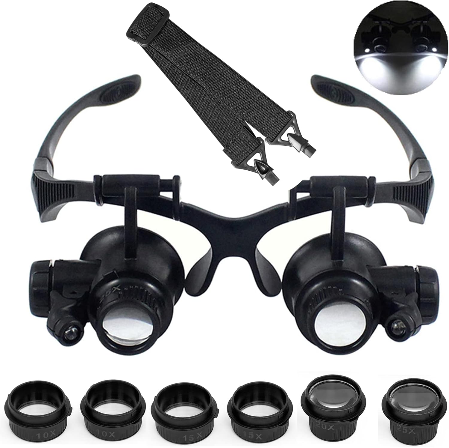 LXIANGN LED Head Mount Magnifier 10X 15X 20X 25X Hands-Free Magnifying Glass Headband Magnifier Visor with Light for Close Work,Jewelry,Craft,Watch,Hobby,Not for Reading