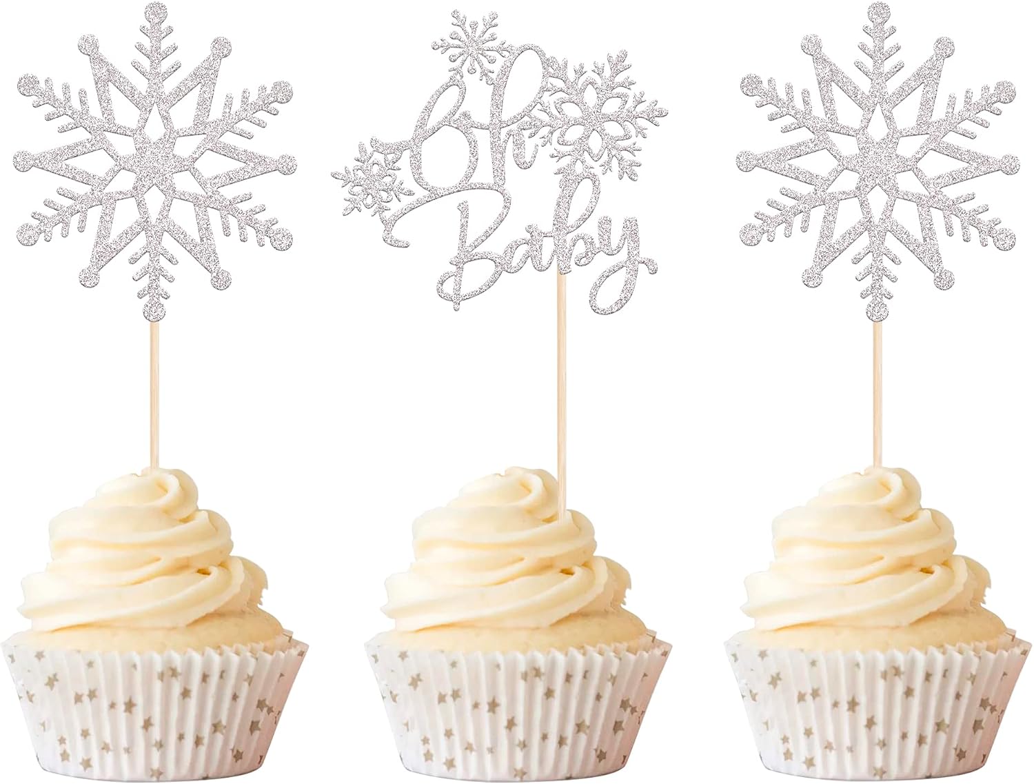 Rsstarxi 24 Pack Snowflake Oh Baby Cupcake Toppers Glitter Winter Frozen Them Cupcake Picks Baby Shower Cake Decorations for Snowflake Them Gender Reveal Christmas Kids Birthday Party Supplies Silver