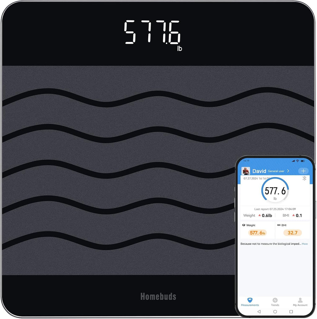 Homebuds 600lb Scale for Body Weight, Precision 0.1lb by Our Professional Factory Since 2001, Digital Weight Scale and BMI Via Smart APP, 8mm Non Slip Tempered Glass 12.4 * 12.4in, LED, Black
