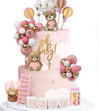 44 PCS Bear Cake Toppers - Mini 3D Bear BABY Letters Milk Bottle Pink Gold Foam Balls Cake Toppers for Boy Girl Birthday Party Baby Shower Cake Decorations
