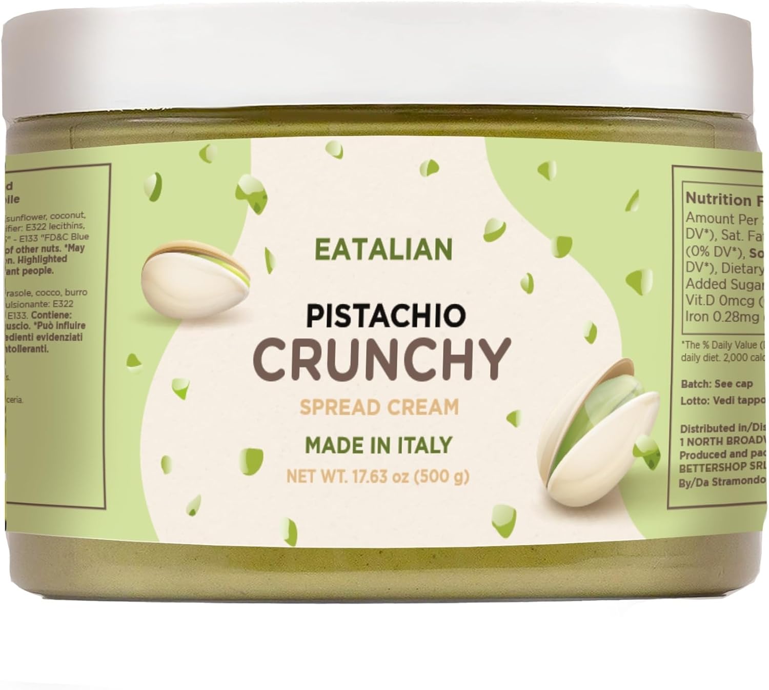 EATALIAN by AMZ BETTER Spreadable Crunchy Pistachio Cream 17.63 oz/500 gr, Pistachio Cream with Grains, Protein Paste, Sweet Taste, Ideal on Bread and Excellent for Dubai Chocolate, Made in Italy