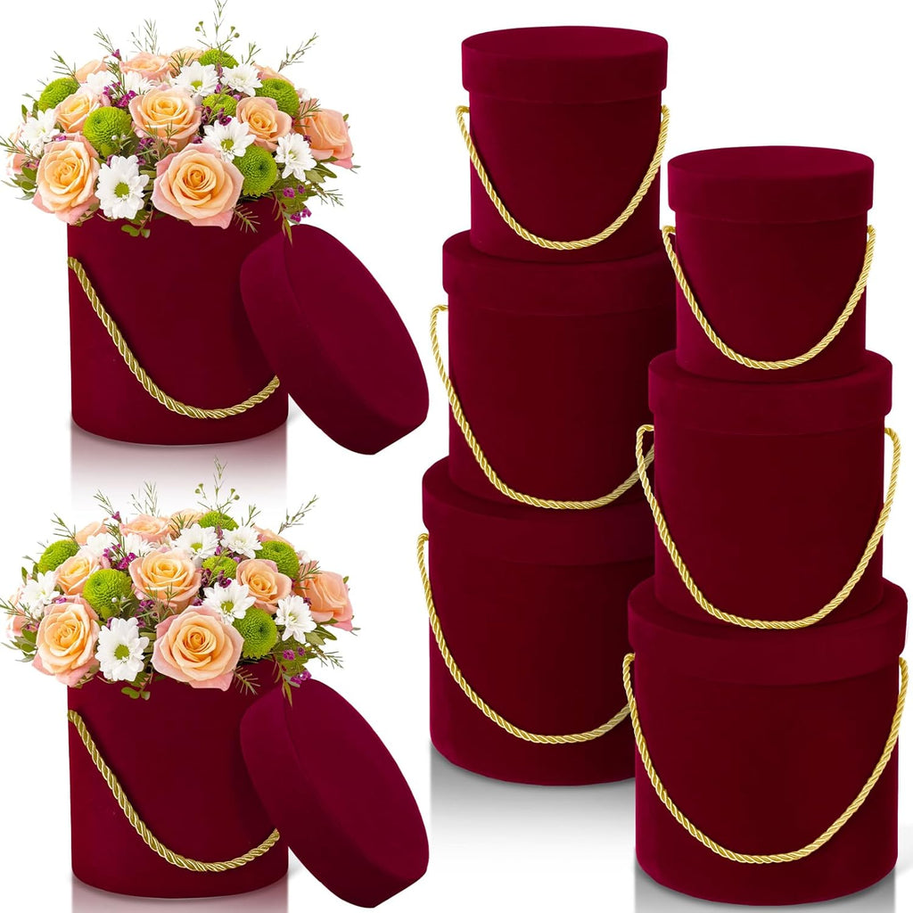 Uiifan 6 Pcs Velvet Round Flower Box with Lids Velvet Nesting Gifts Box with Handle for Mother's Day Wedding Holiday Luxury Flower Gift Arrangement Bridesmaid Birthday Party Favor(Red)