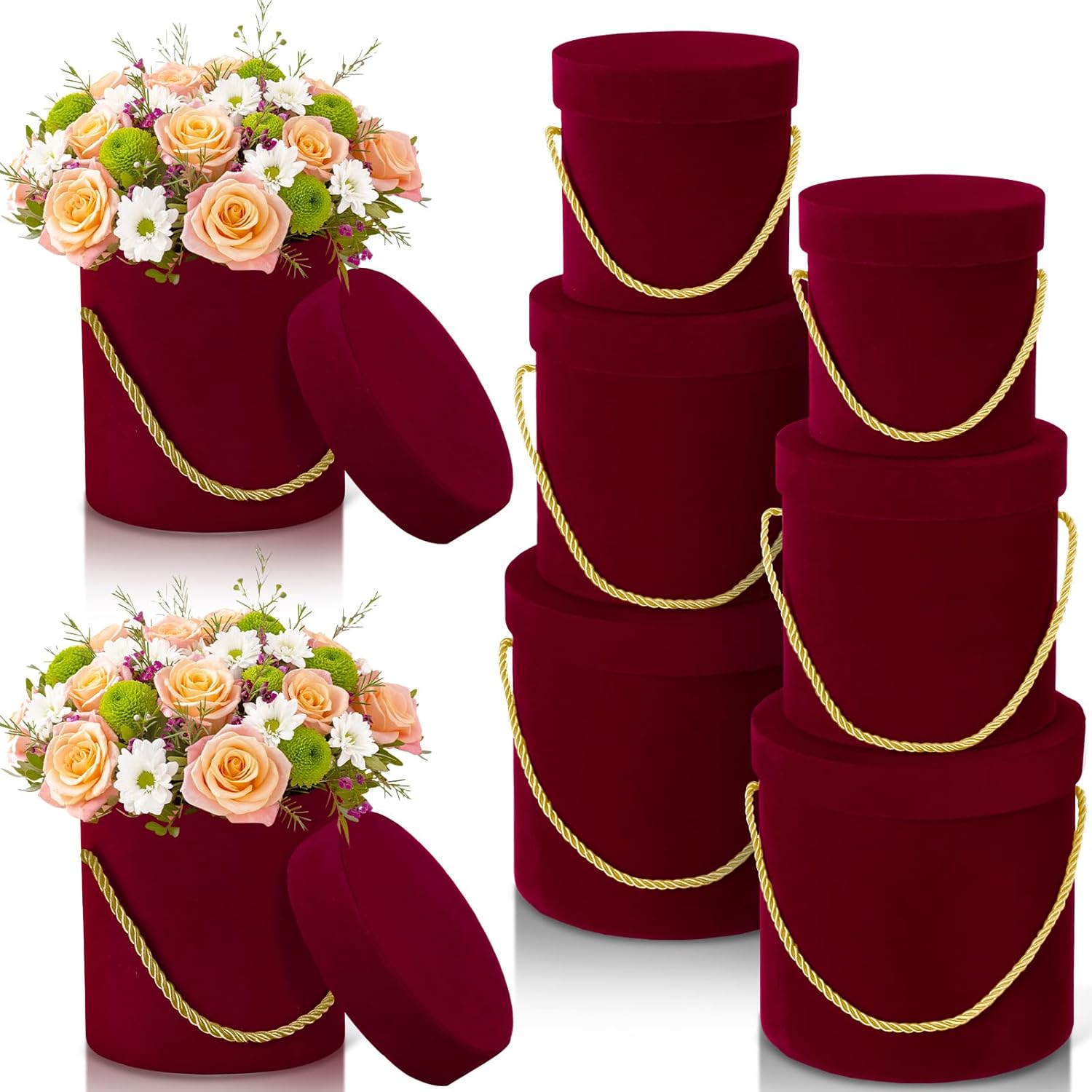 Uiifan 6 Pcs Velvet Round Flower Box with Lids Velvet Nesting Gifts Box with Handle for Mother's Day Wedding Holiday Luxury Flower Gift Arrangement Bridesmaid Birthday Party Favor(Red)