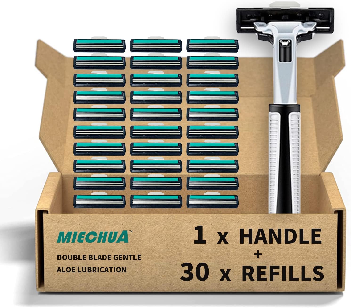 Razors for men Shaving,2-Blade mens Razor Includes 1 Handles and 30 Replaceable razor head, Non-Slip Travel Carry Shaver for men Pack
