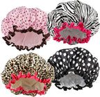 TCOTBE 4 Pieces Shower Cap for Women, Elastic and Reusable, Environmental Protection Hair Bath Caps, Double Waterproof Layers Bathing Hat