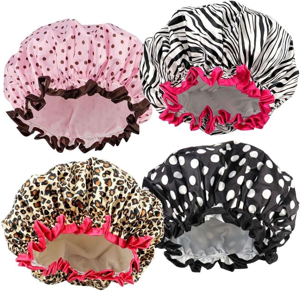TCOTBE 4 Pieces Shower Cap for Women, Elastic and Reusable, Environmental Protection Hair Bath Caps, Double Waterproof Layers Bathing Hat