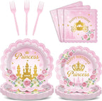 96pcs Princess Birthday Party Decorations Pink Princess Scalloped Plates Napkin Tableware Set Pink Floral Gold Castle Fairytale Disposable Tableware for Girls Birthday Baby Shower Party Supplies Favor