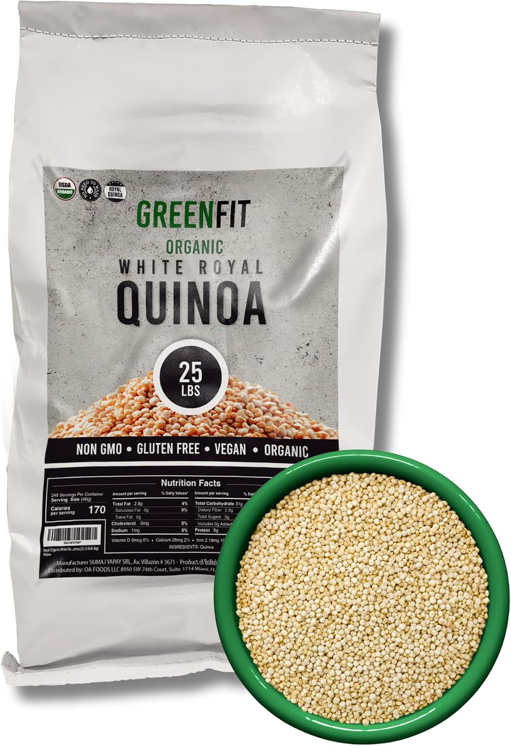 Greenfit Royal Organic White Quinoa | Non-GMO, Gluten-Free, Vegan, and Organic | Complete Protein, High Fiber, Low-Calorie White Quinoa | (25 Pound - Pack of 1)