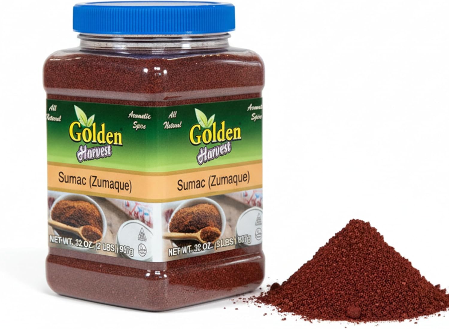 Golden Harvest Sumac Spice Powder | Non GMO, Vegan | Tangy Lemon Like Taste | Ground Sumac Spice | Perfect For Seasoning, Salads, Marinades, Mediterranean & Middle-Eastern Cuisine, 2lbs (907g)